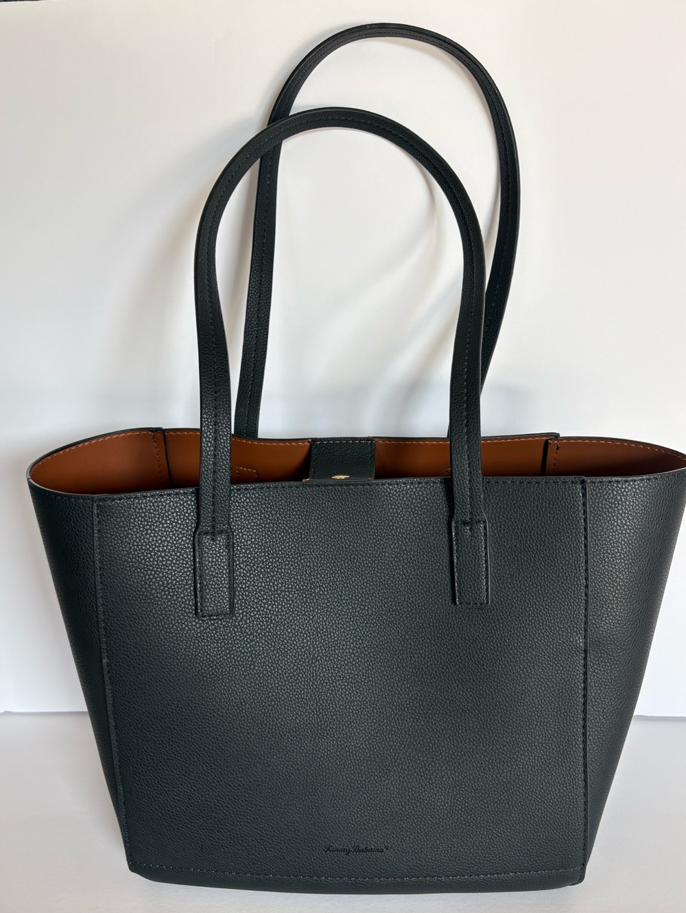 Tommy Bahama Black Pebble-Texture Tote with Brown Interior